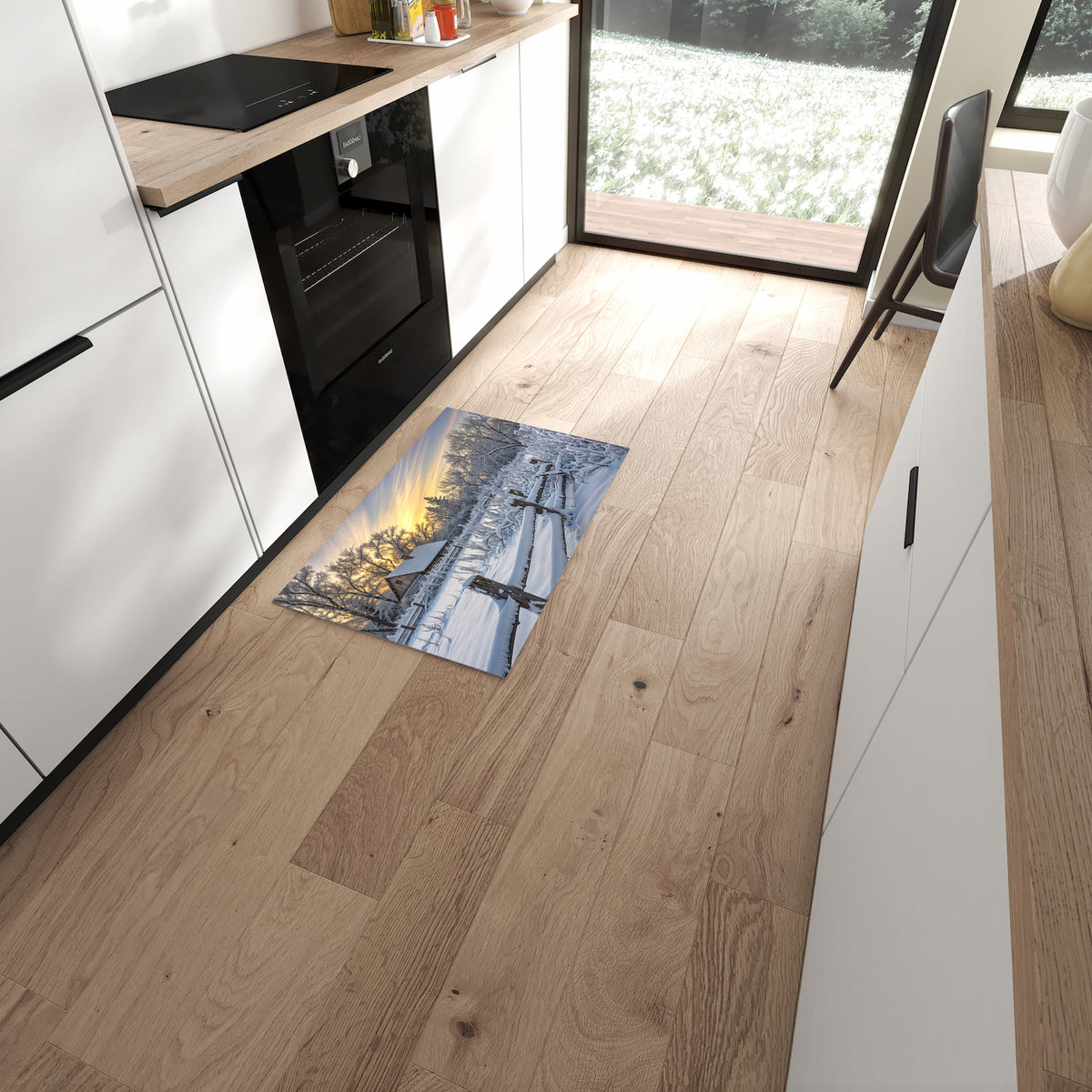 Sicherer Küchenläufer mit Motiv Verschneites Landhaus in moderner Küche