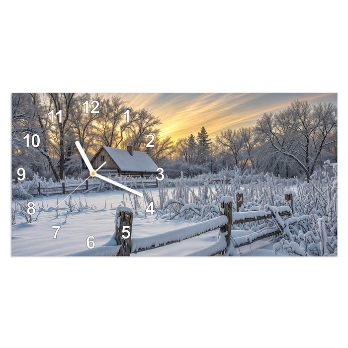 Wanduhr Verschneites Landhaus aus Glas – Querformat 60 × 30 cm mit Ziffernblatt Modern