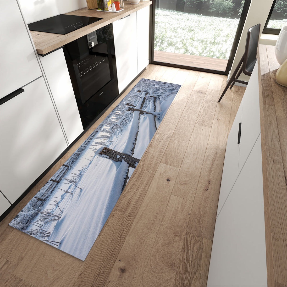 Bodenschonender rutschfester Küchenläufer mit Motiv Verschneites Landhaus in moderner Küche