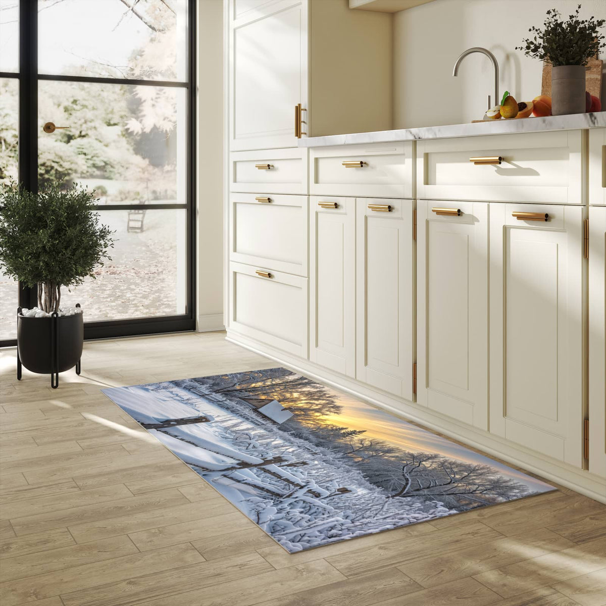 Feuchtigkeitsresistenter Küchenteppich mit Motiv Verschneites Landhaus in heller Küche