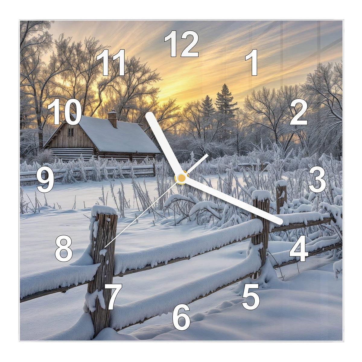 Wanduhr aus Glas, Ziffernblatt Modern mit Motiv Verschneites Landhaus: Verschneites Holzhaus hinter einem schneebedeckten Holzzaun im goldenen Abendlicht #ziffernblatt_Modern