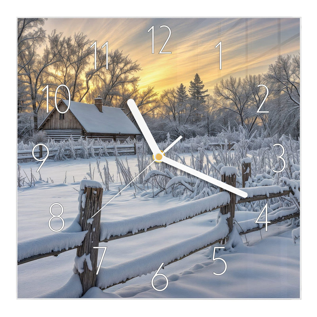Wanduhr aus Glas, Ziffernblatt Elegant mit Motiv Verschneites Landhaus: Verschneites Holzhaus hinter einem schneebedeckten Holzzaun im goldenen Abendlicht #ziffernblatt_Elegant