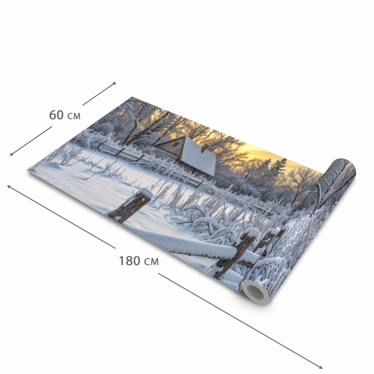 Bodenschonender Küchenläufer nach Maß mit Motiv Verschneites Landhaus in der Größe 60x120 cm
