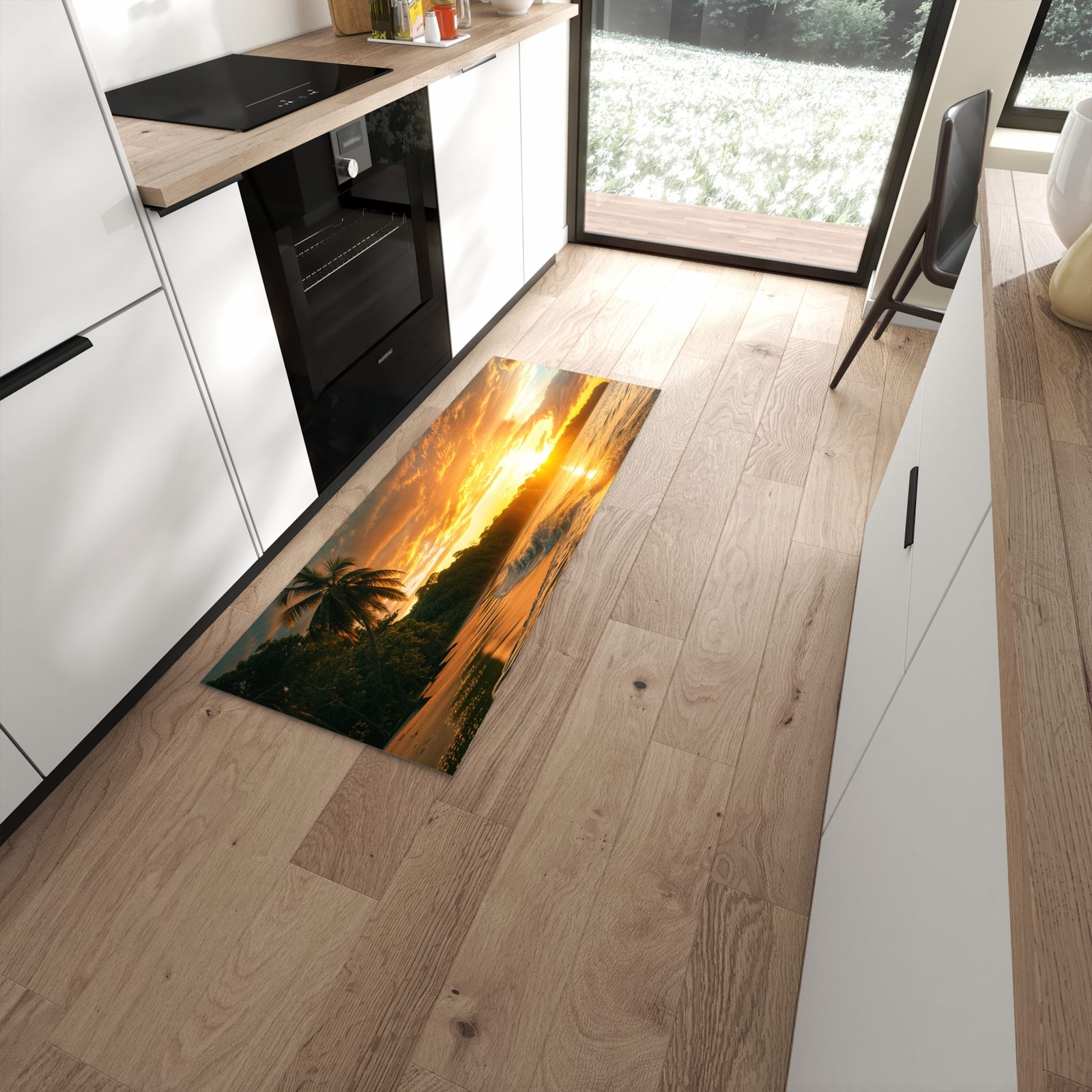 Langlebiger Küchenteppich mit Motiv Sonnenuntergang Strand in moderner Küche #grösse_60 x 150 cm