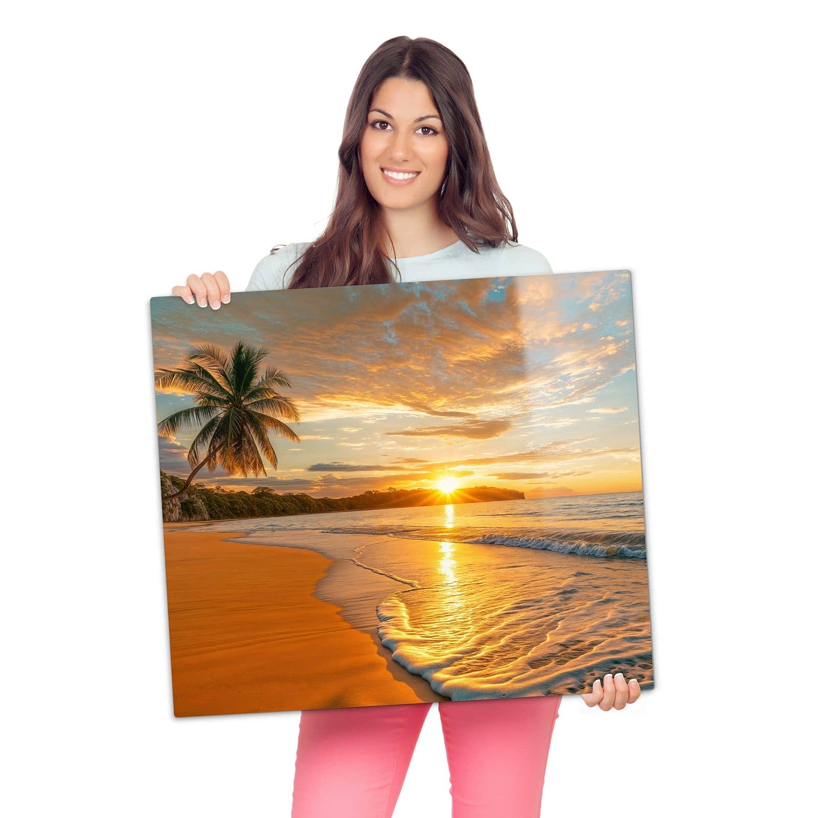 Herdabdeckplatte mit Sonnenuntergang am Strand-Motiv wird zur Größendarstellung gehalten