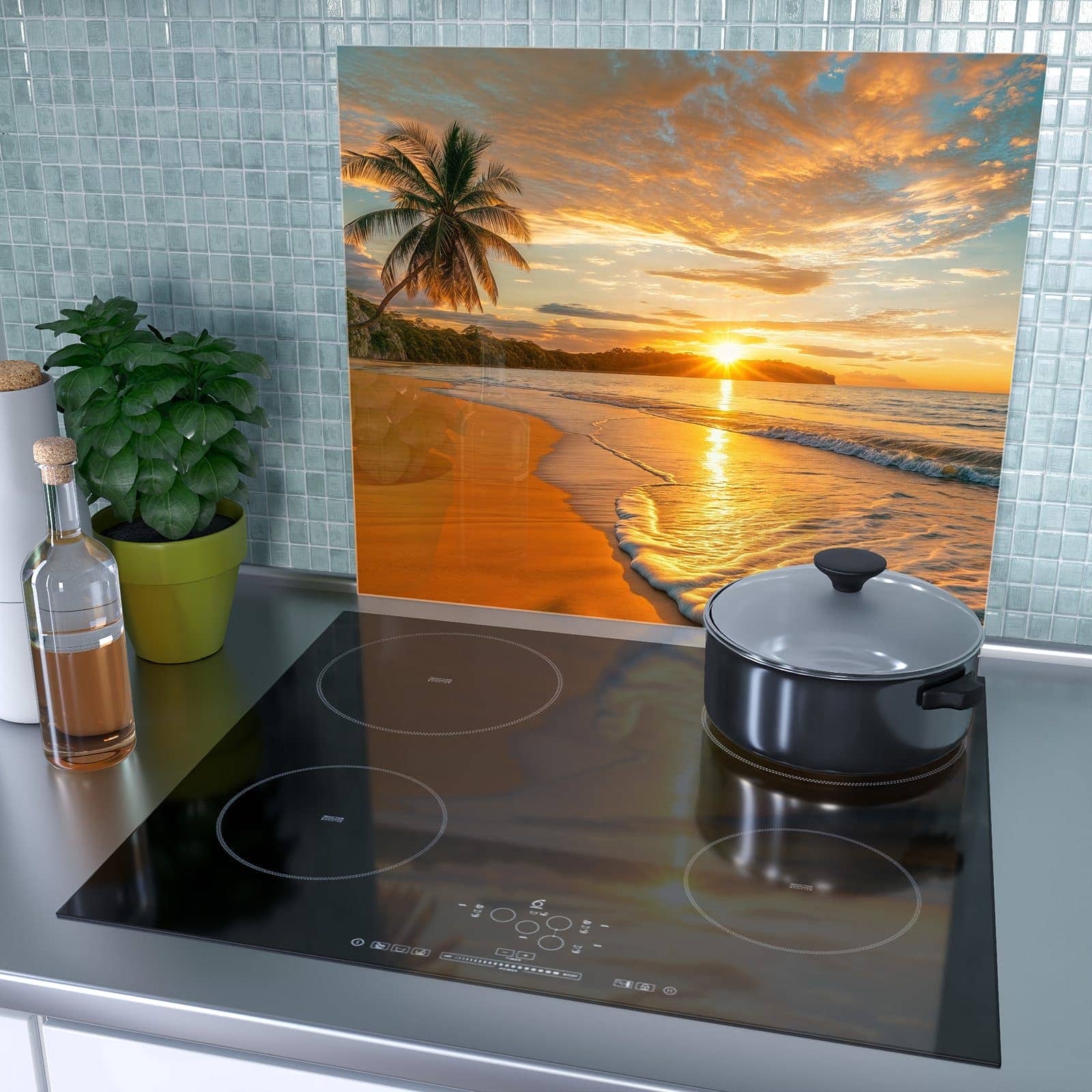 1-teilige Herdabdeckplatte aus Glas mit Sonnenuntergang am Strand-Motiv als Spritzschutz hinter dem Kochfeld