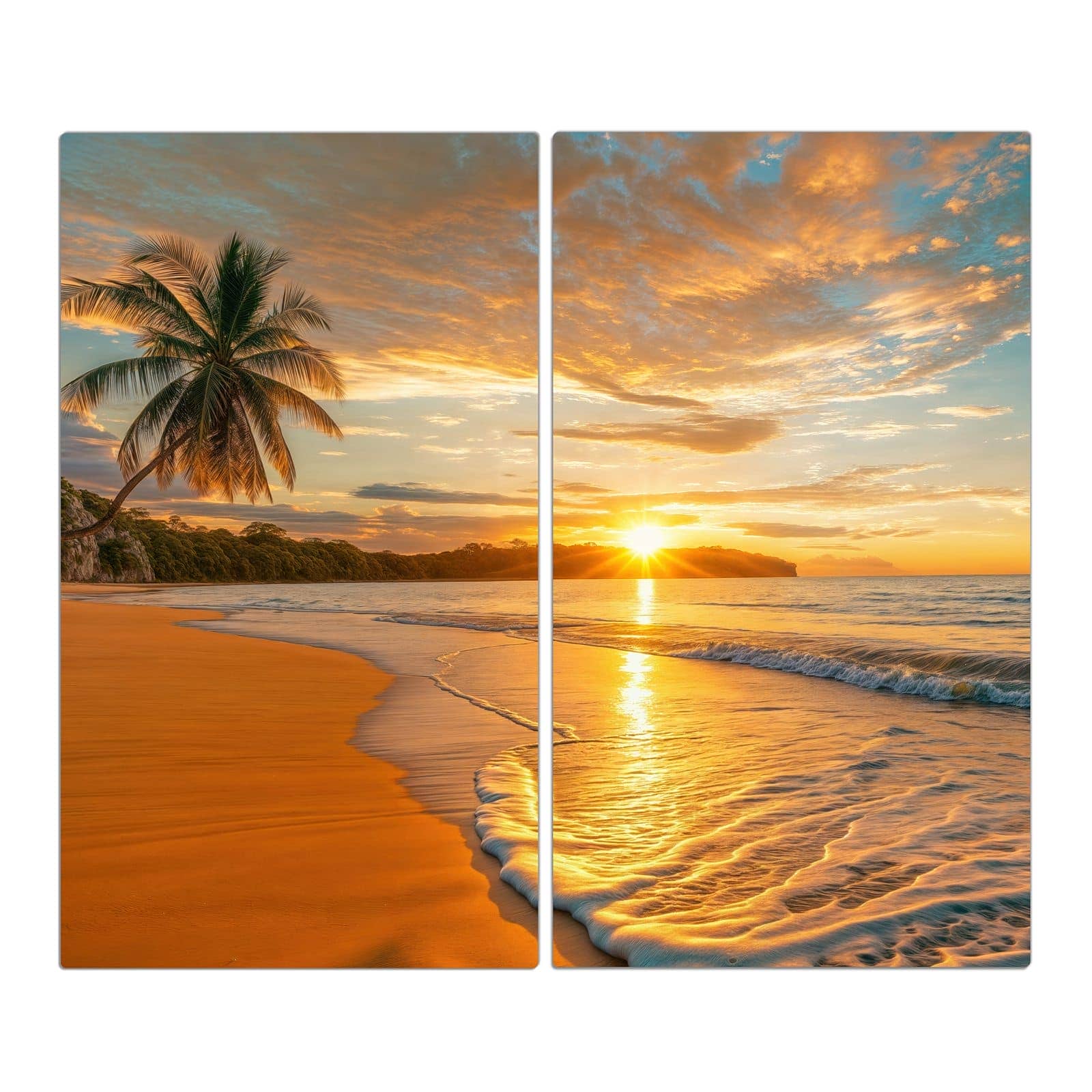 2-teilige Herdabdeckplatte mit Sonnenuntergang am Strand-Motiv in der Frontansicht