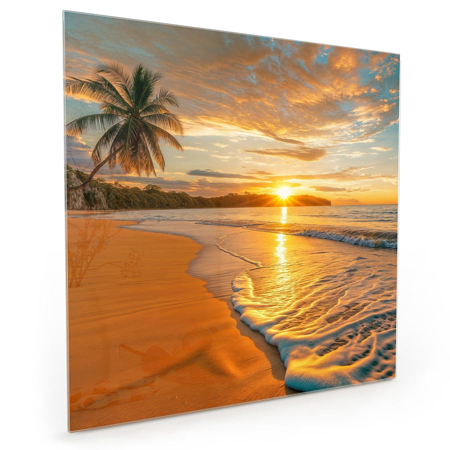 Maße Küchenrückwand Palme am Abendstrand aus Glas