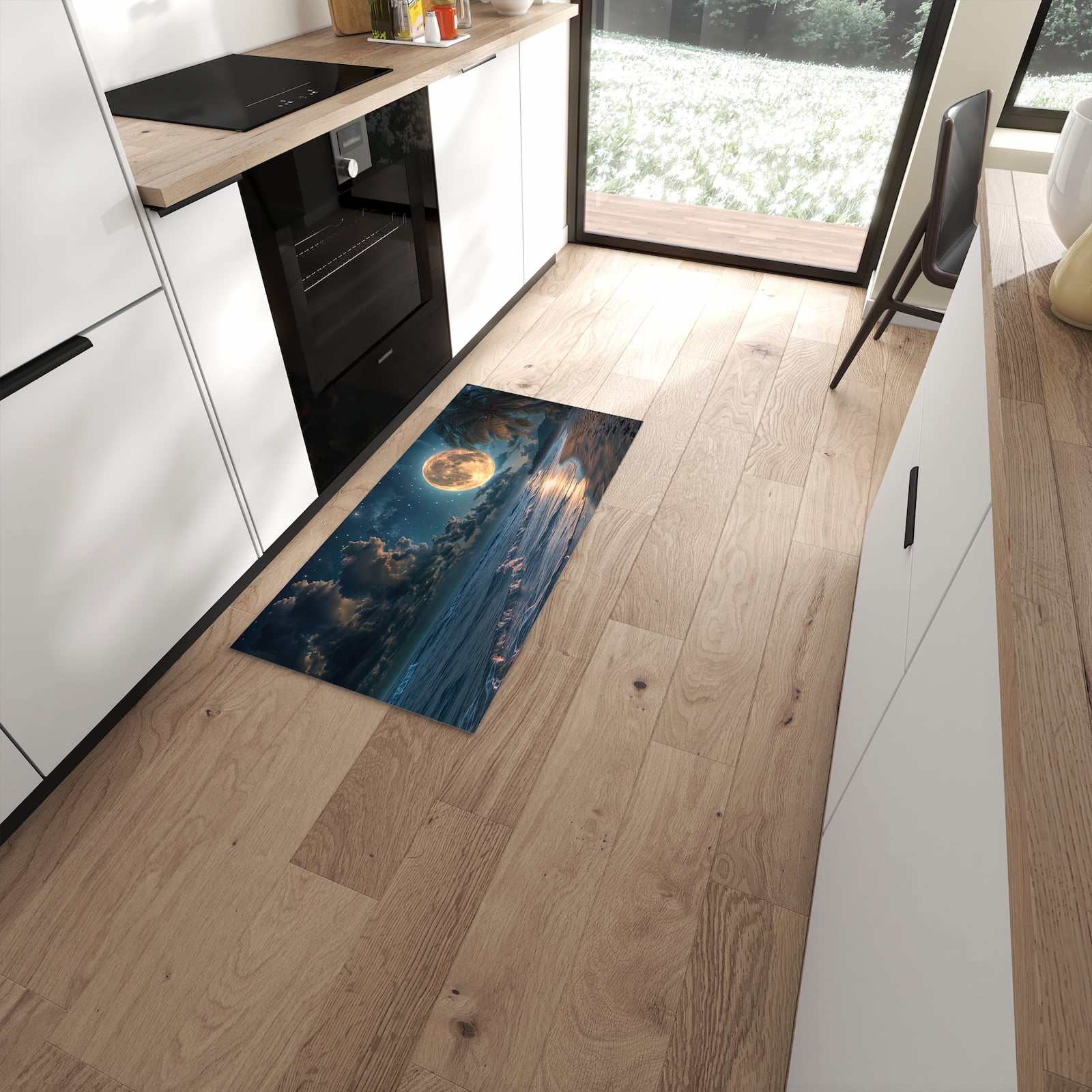Flacher Küchenteppich mit Motiv Mondnacht am Strand in moderner Küche #grösse_60 x 120 cm