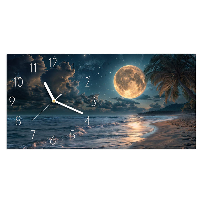 Wanduhr Mondnacht am Strand aus Glas – Querformat 60 × 30 cm mit Ziffernblatt Elegant