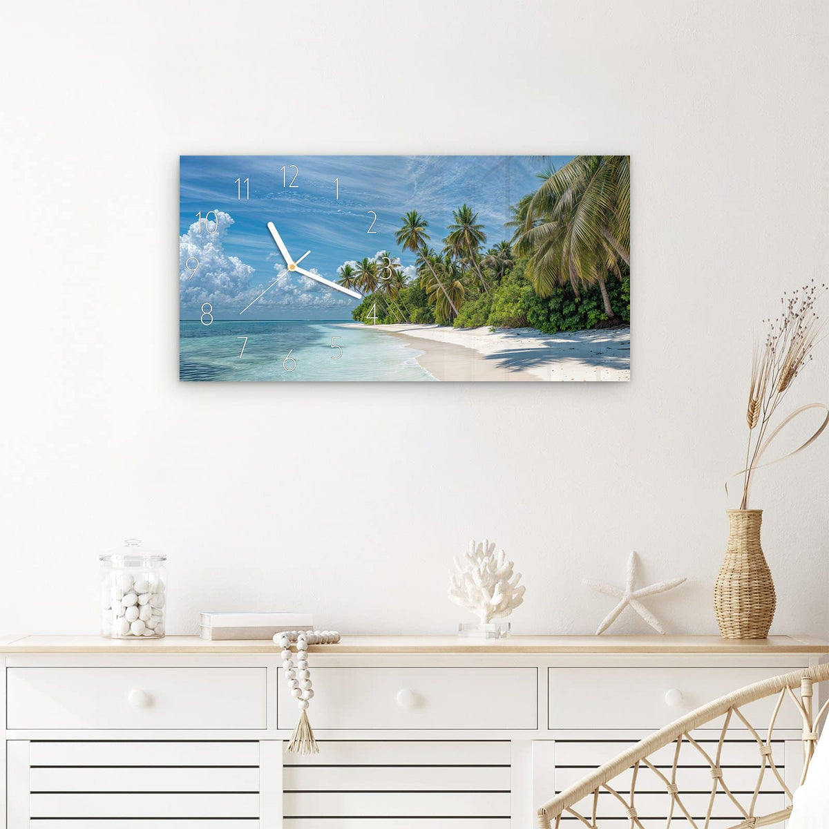 Wanduhr Palmen am Traumstrand aus Glas – Querformat 60 × 30 cm – Palmen, türkises Meer, weißer Sand
