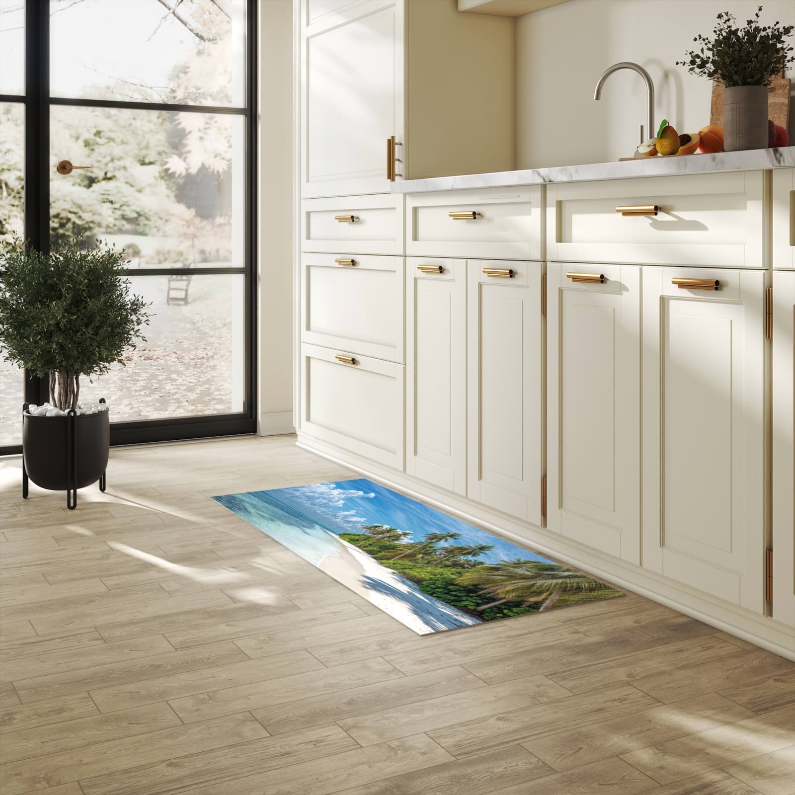 Waschbarer Küchenteppich mit Motiv Strand von Tropischer in heller Küche schont den Boden