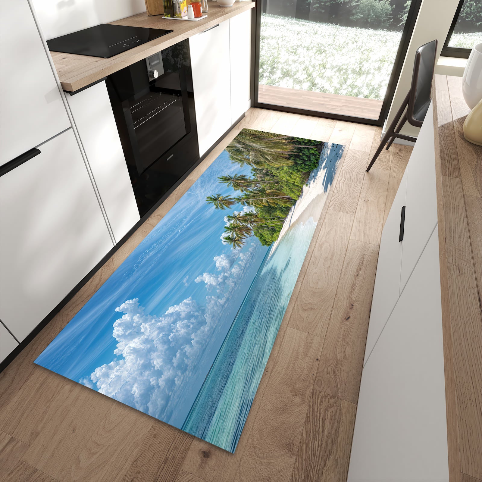 Bodenschonender rutschfester Küchenläufer mit Motiv Strand von Tropischer in moderner Küche