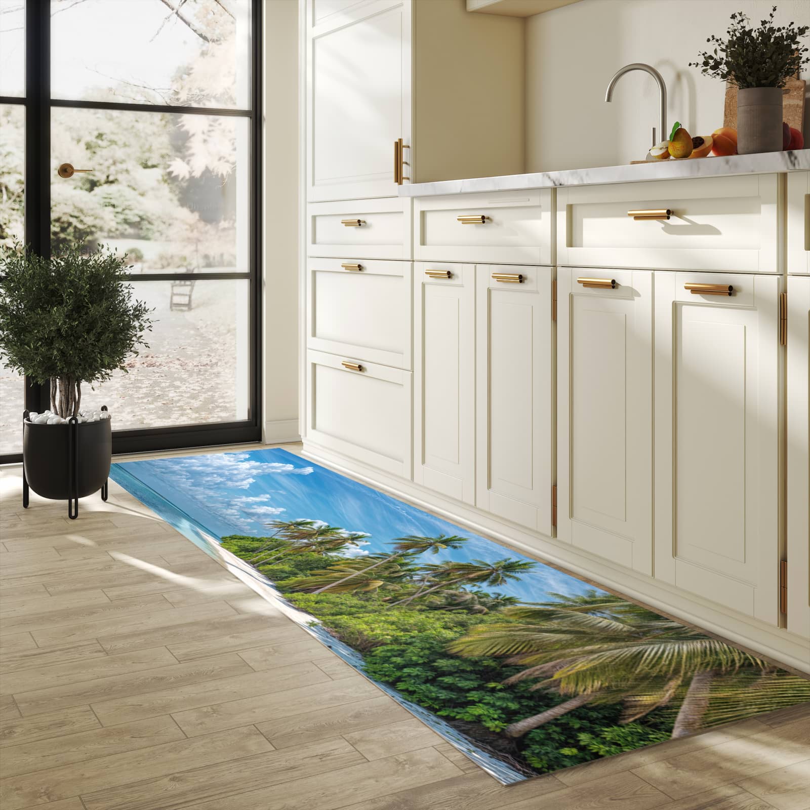 UV-beständiger rutschfester Küchenläufer mit Motiv Strand von Tropischer in heller Küche