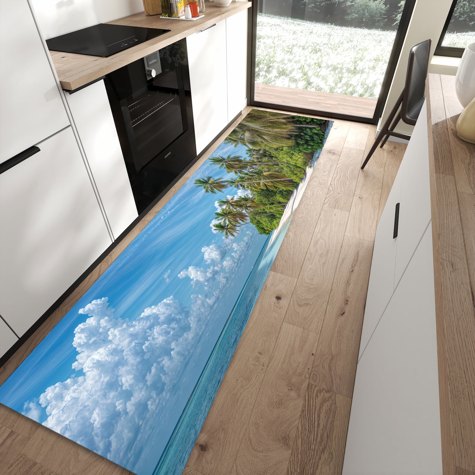 Bodenschonender rutschfester Küchenläufer mit Motiv Strand von Tropischer in moderner Küche