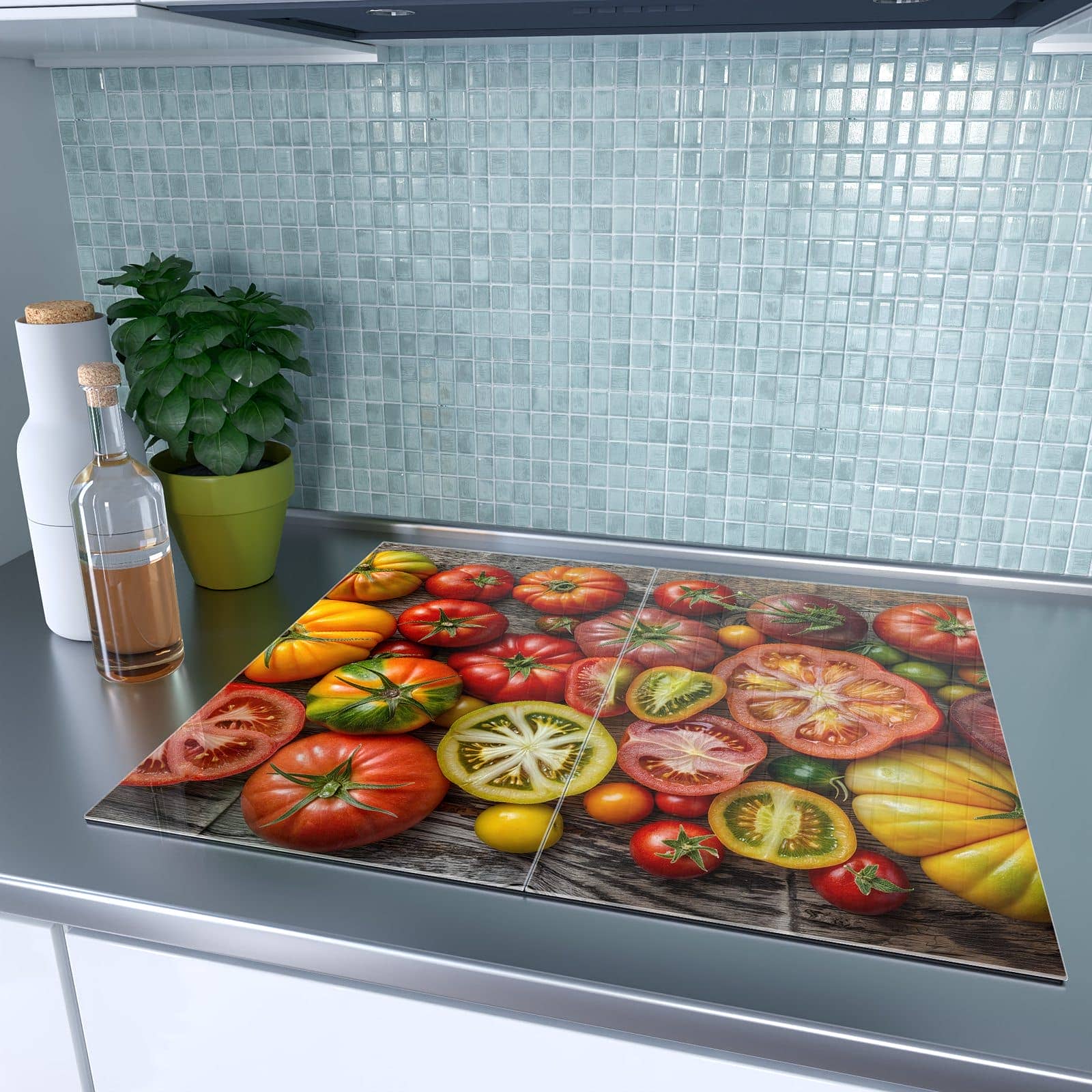 2-teilige Abdeckplatten für Ceranfeld mit Verschiedene Tomaten-Motiv auf dem Ceranfeld