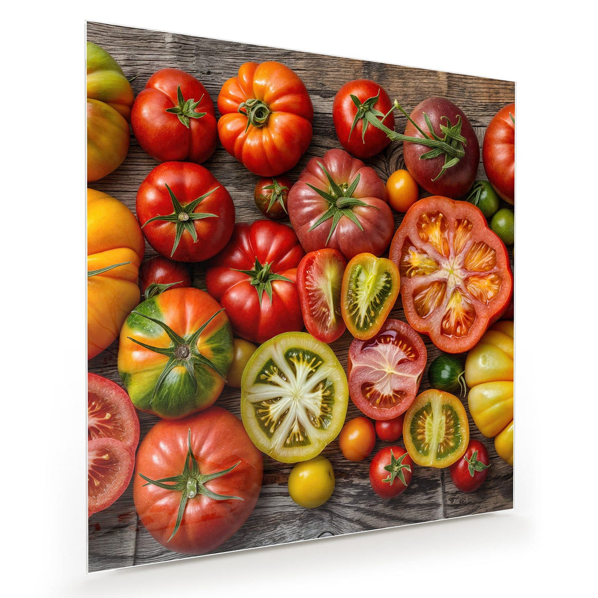 Viele Tomatensorten in Rot, Gelb, Grün und Braun, teils halbiert, dicht an dicht auf grauem Holz.