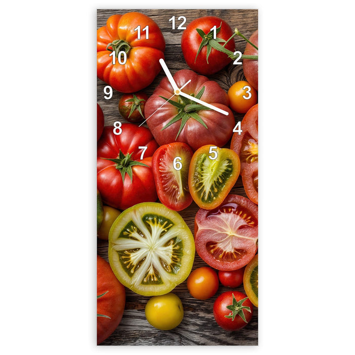 Wanduhr Verschiedene Tomaten aus Glas – Hochformat 30 × 60 cm mit Ziffernblatt Modern