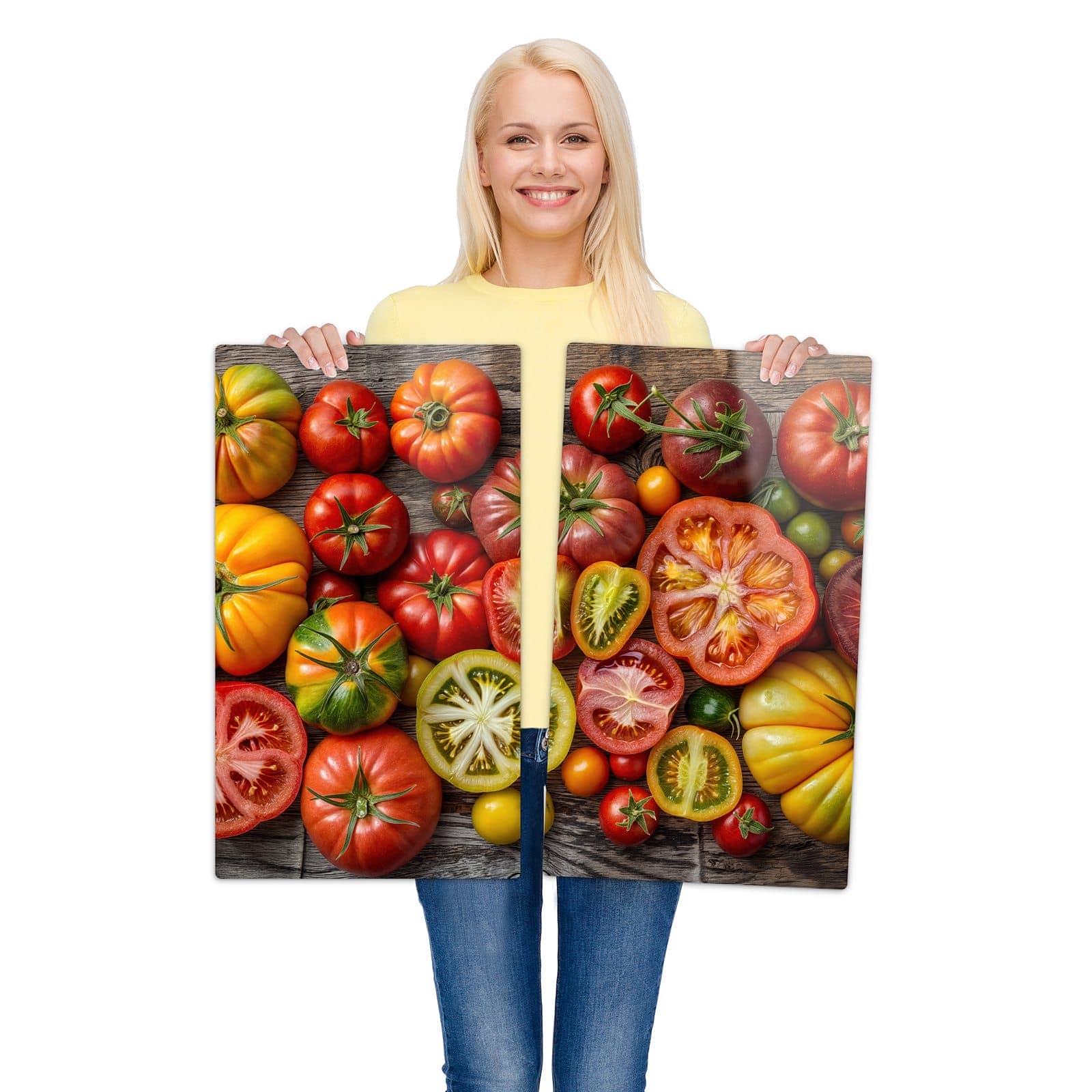 2-teilige Ceranfeld Abdeckplatten mit Verschiedene Tomaten-Motiv wird zur Größendarstellung gehalten