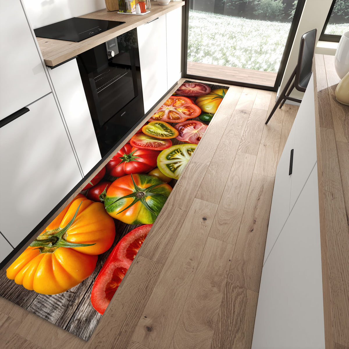 Abriebfester Küchenläufer nach Maß mit Motiv Verschiedene Tomaten in moderner Küche