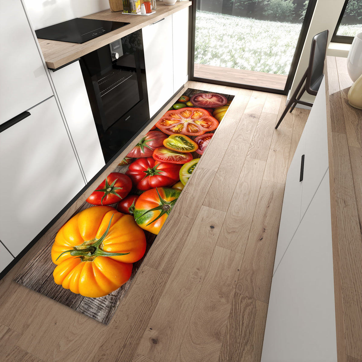 Geräuschdämpfender Küchenläufer mit Motiv Verschiedene Tomaten in moderner Küche