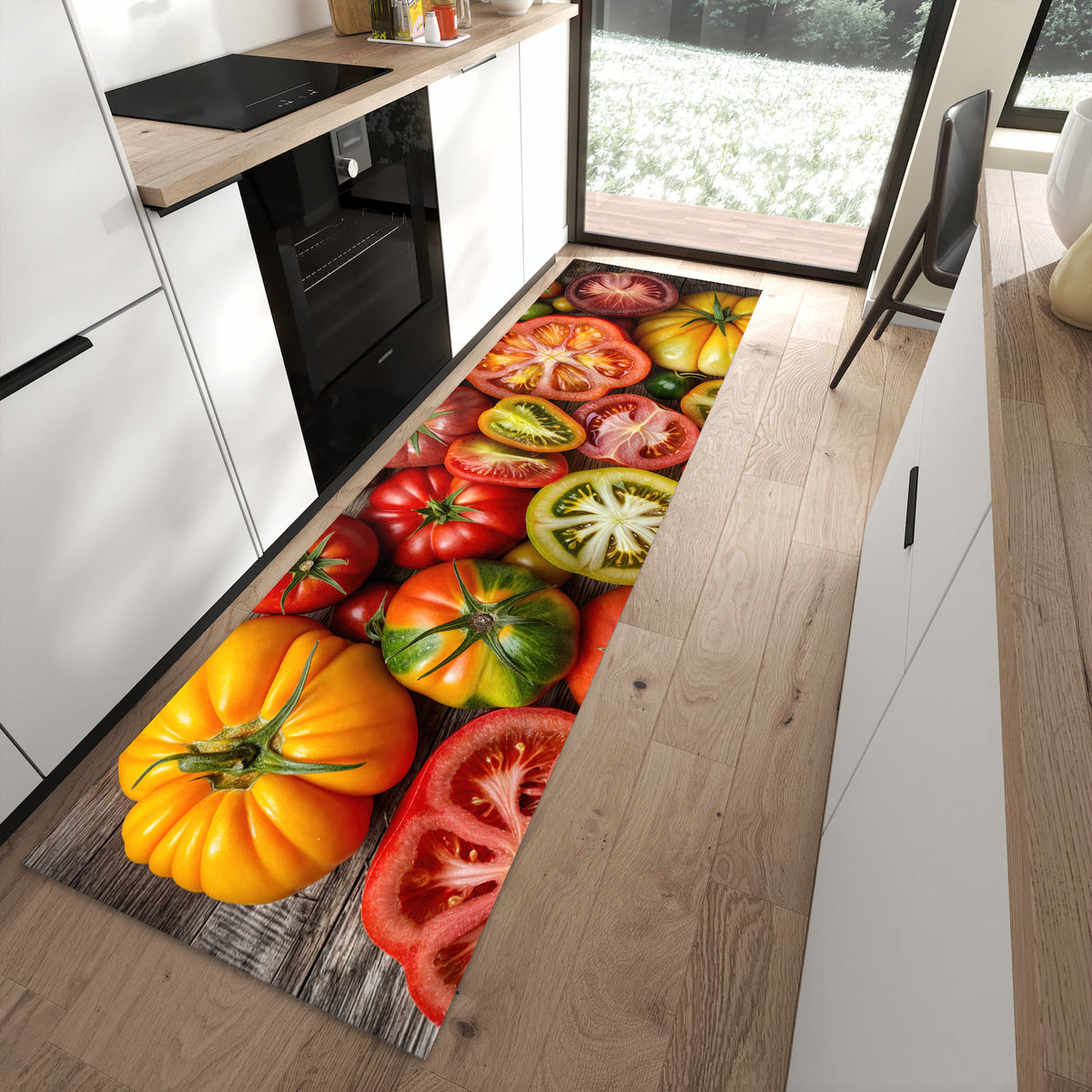 Fleckenresistenter abwaschbarer Küchenteppich mit Motiv Verschiedene Tomaten in moderner Küche