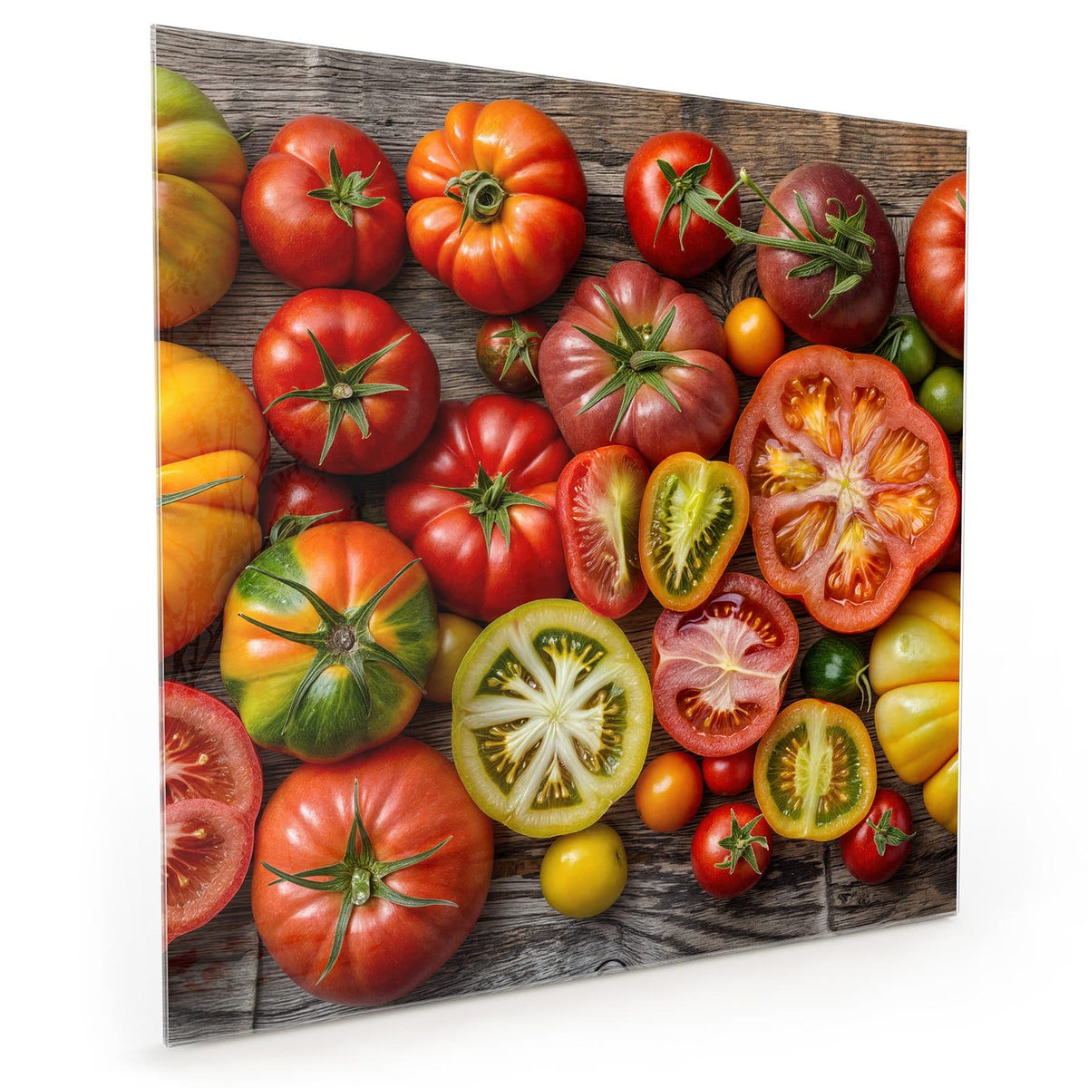 Küchenrückwand aus Glas im quadratischen Format mit Motiv Bunte Tomatensorten: Viele Tomatensorten in Rot, Gelb, Grün und Braun, teils halbiert #grösse_40 x 40 cm #grösse_50 x 50 cm #grösse_60 x 60 cm