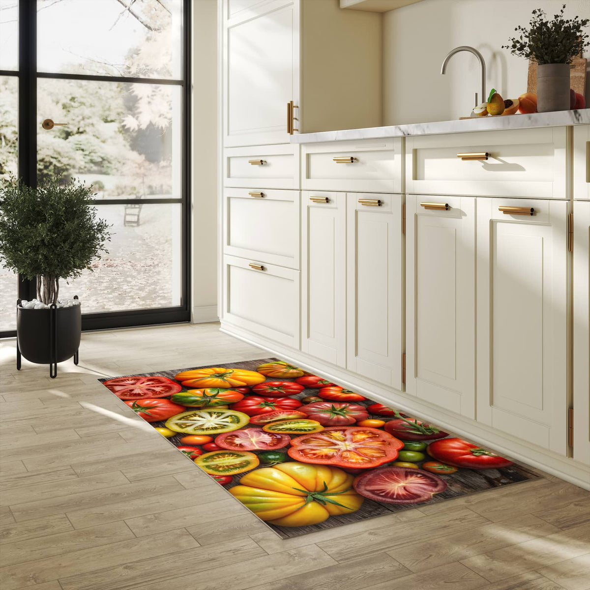 Farbbeständiger Küchenteppich mit Motiv Verschiedene Tomaten in heller Küche