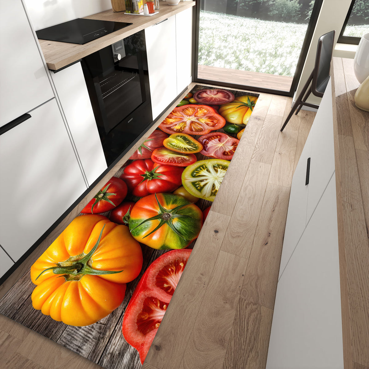 Schmutzabweisender Küchenläufer mit Motiv Verschiedene Tomaten in moderner Küche