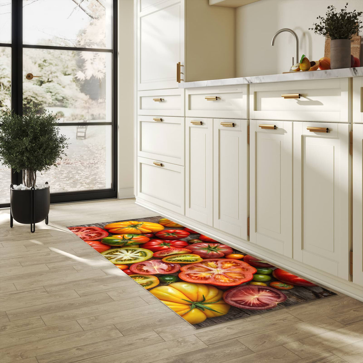 Feuchtigkeitsresistenter Küchenteppich mit Motiv Verschiedene Tomaten in heller Küche