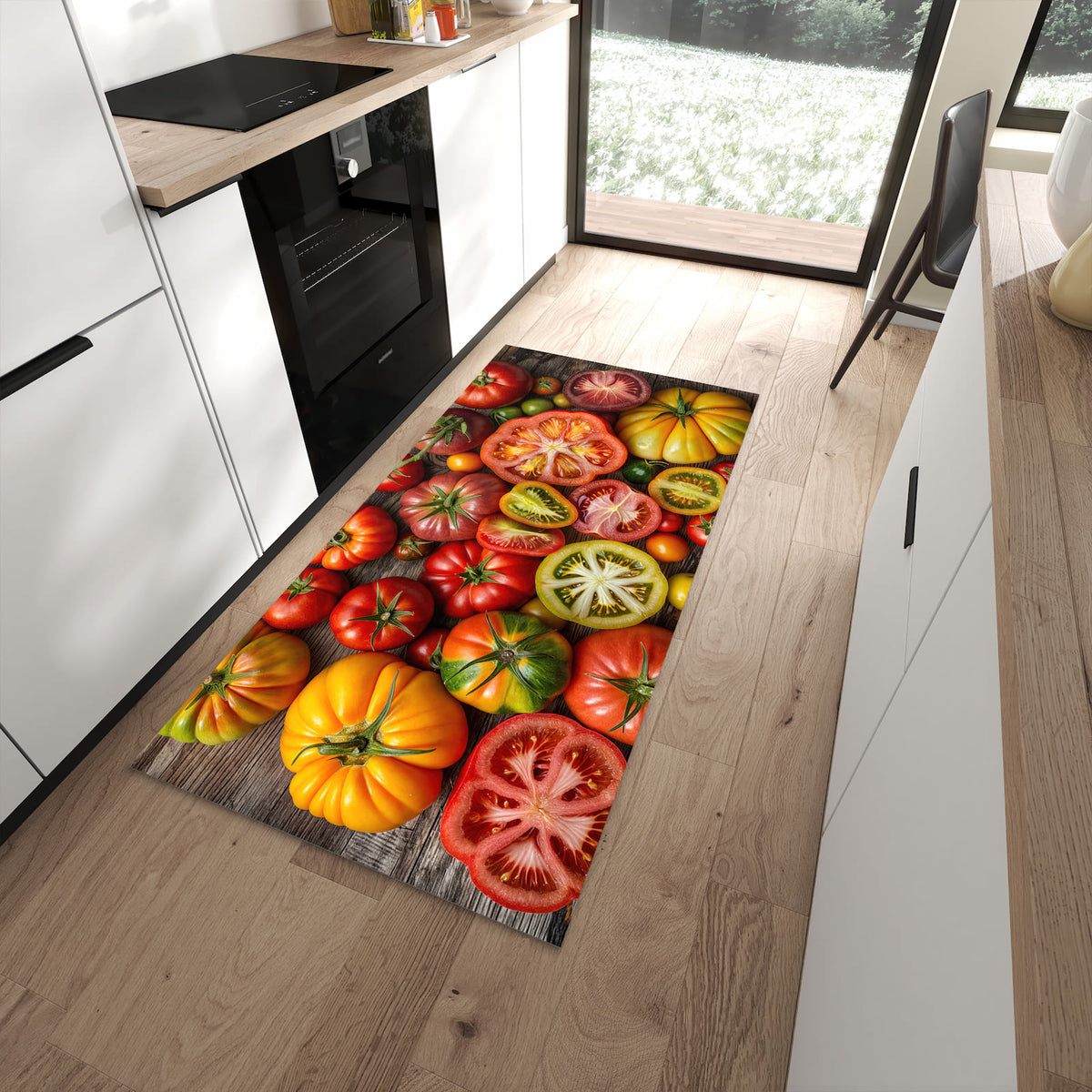Geruchsneutraler Küchenteppich mit Motiv Verschiedene Tomaten in moderner Küche