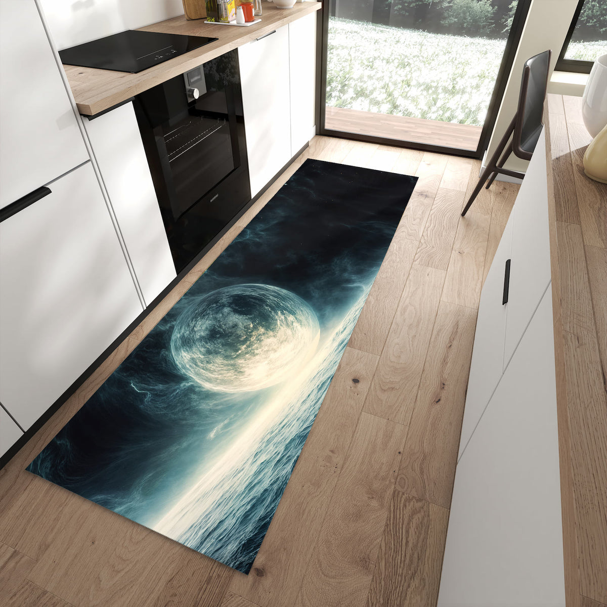 Rutschfester Küchenteppich mit Motiv Sterne im Kosmos in moderner Küche