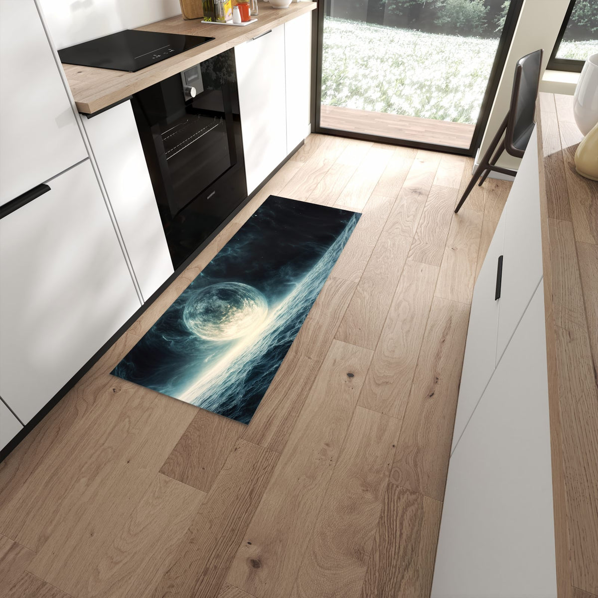 Rutschfester Küchenläufer mit Motiv Sterne im Kosmos in moderner Küche #grösse_60 x 150 cm