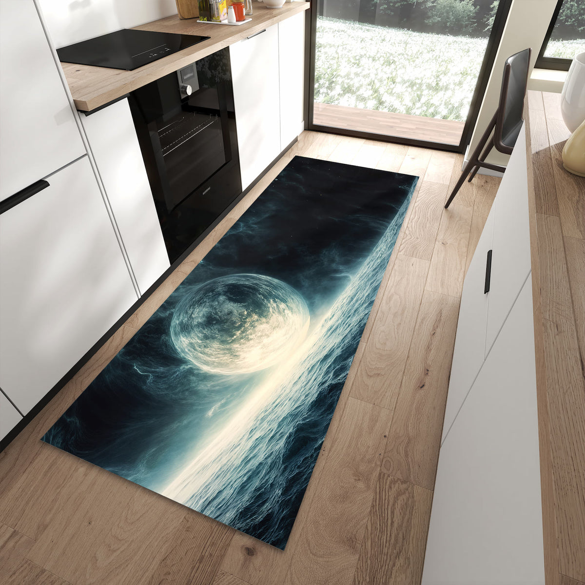 Bodenschonender Küchenläufer mit Motiv Sterne im Kosmos in moderner Küche