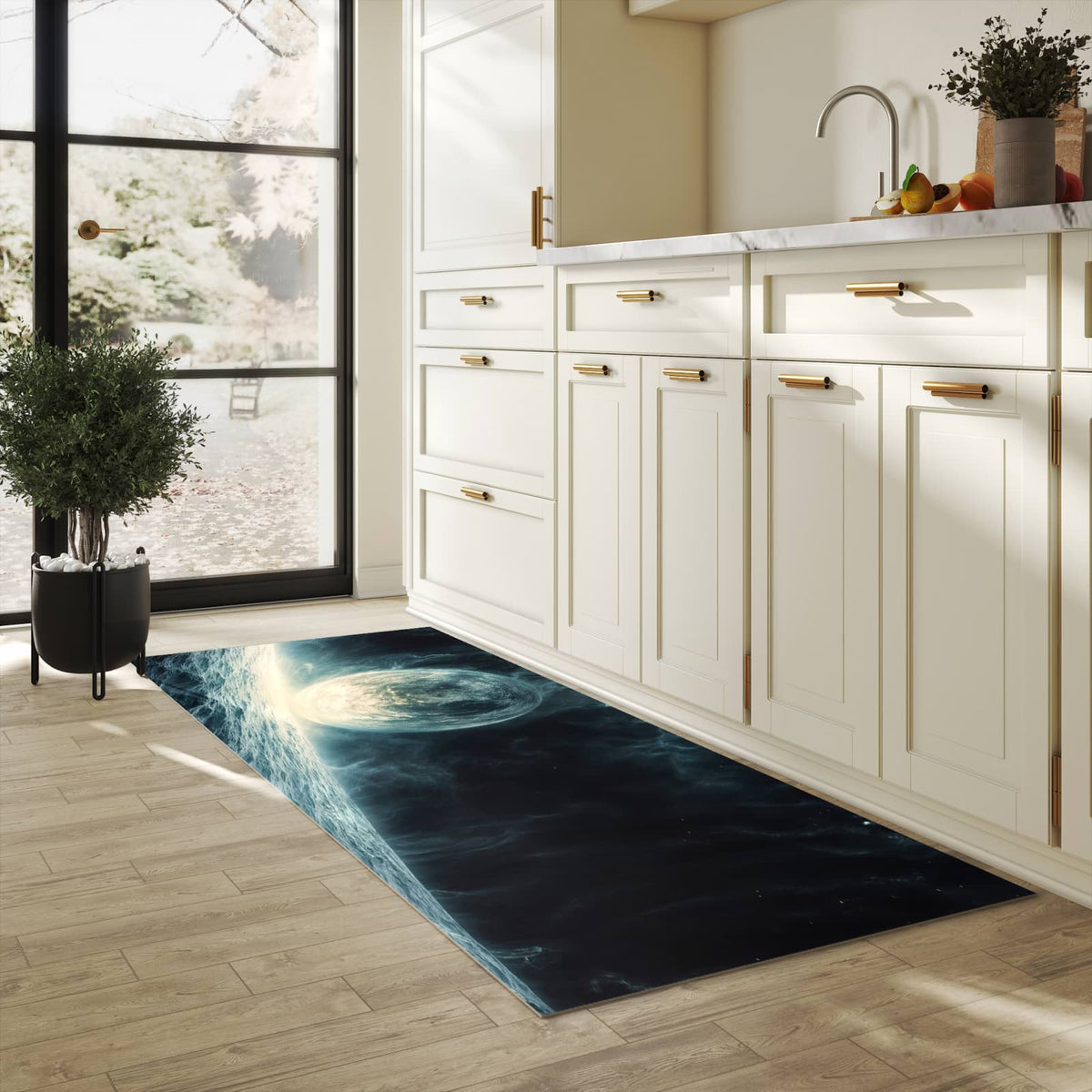 Rutschhemmender dünner Teppich mit Motiv Sterne im Kosmos in heller Küche