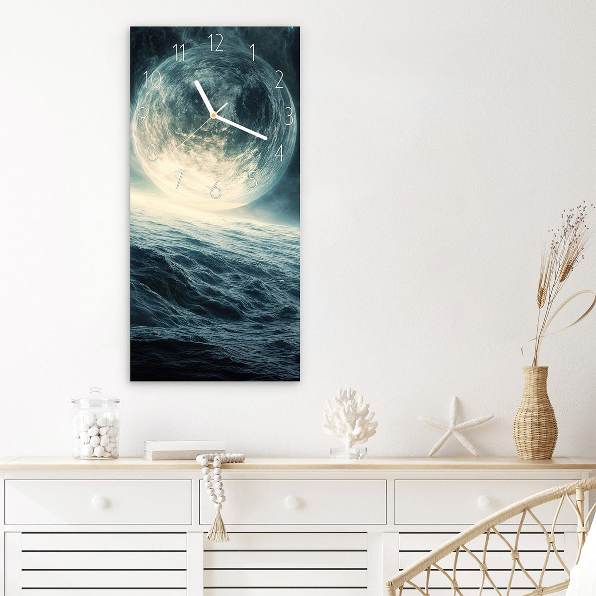 Wanduhr Sterne im Kosmos aus Glas – Galaxie in Blau, Grün und Violett