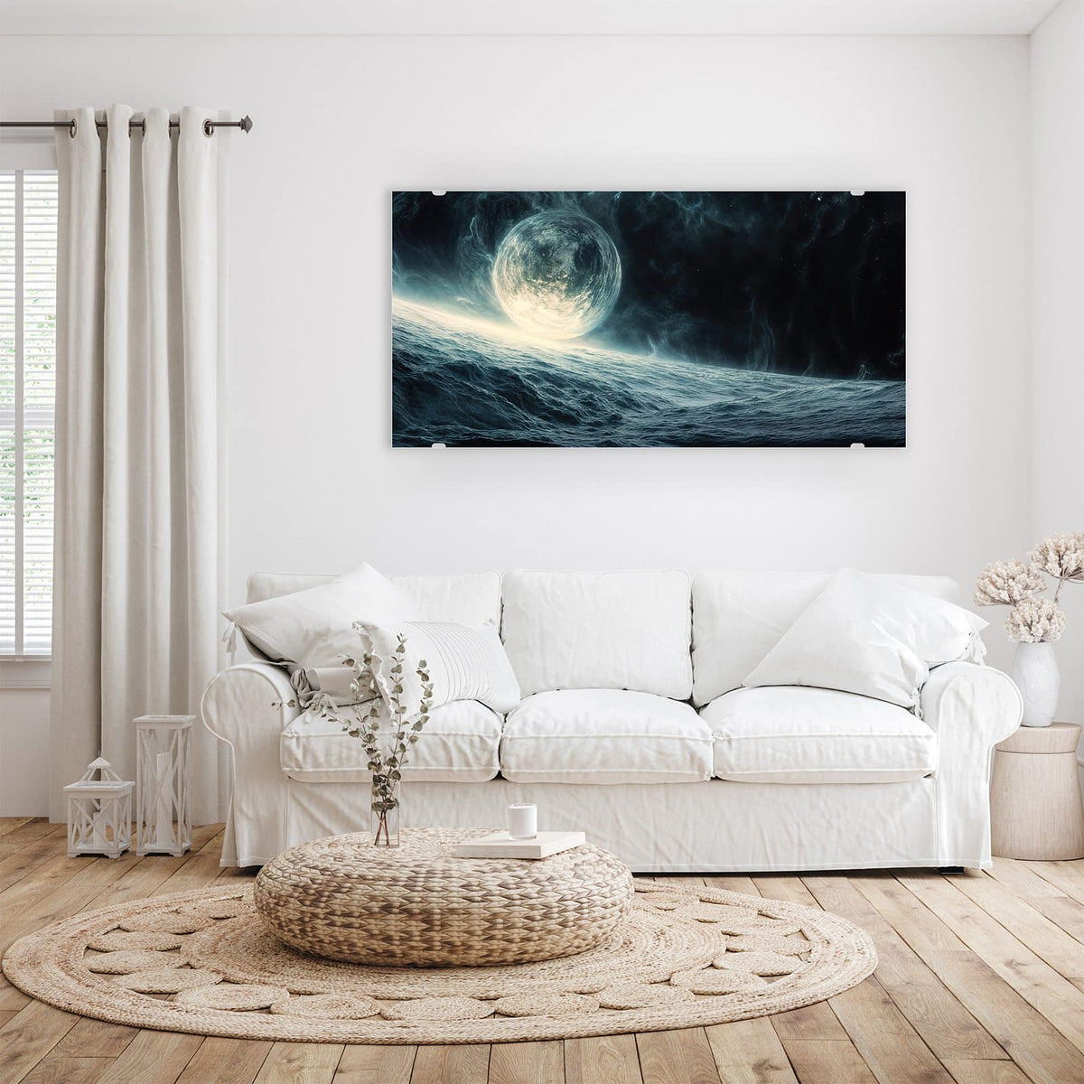 Wandbild - Mond über dem Meer - Querformat – Großer Mond über dunklem Meer
