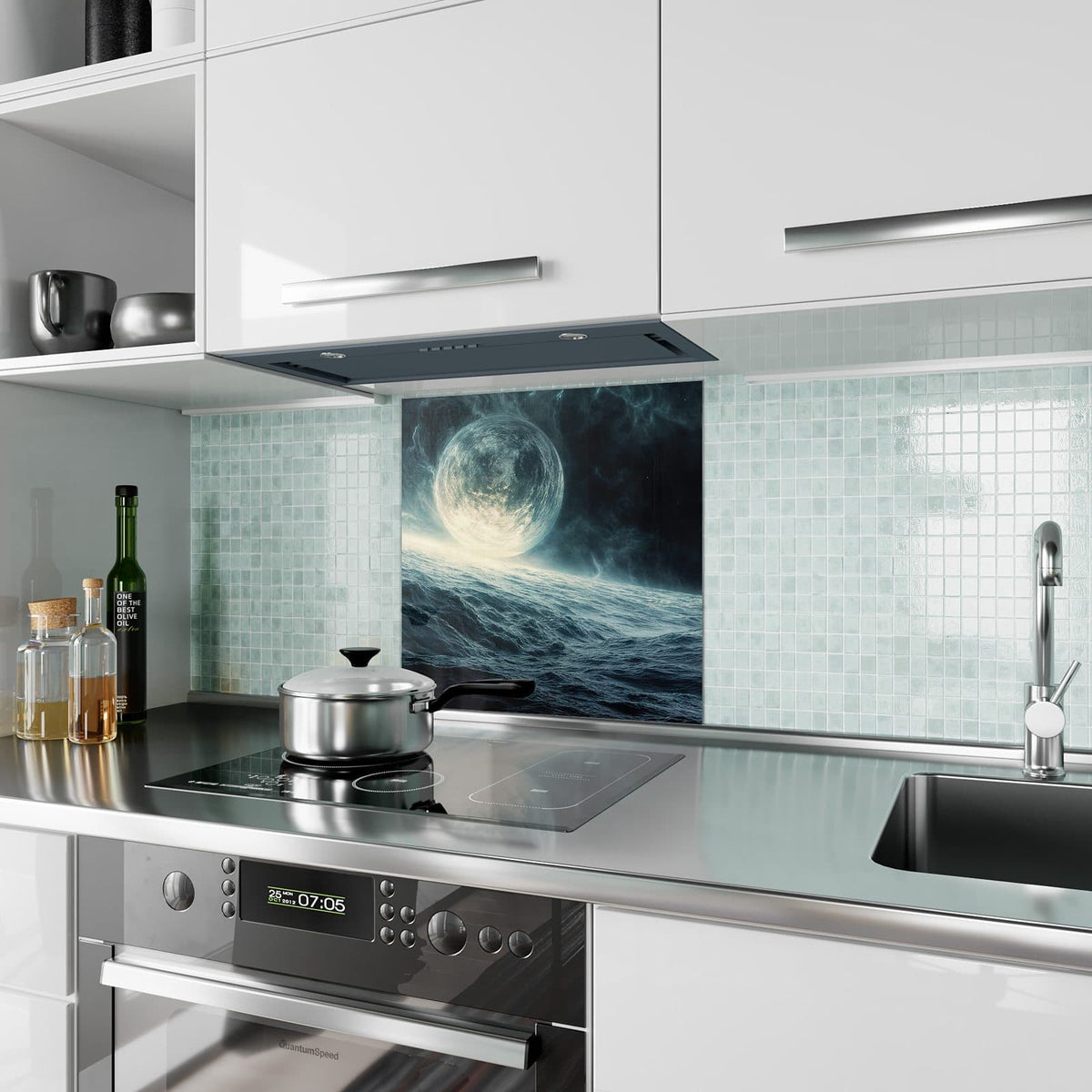 Küchenrückwand Mond über dem Meer aus Glas – Großer Mond über dunklem Meer