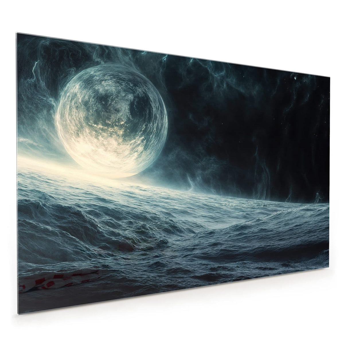 Küchenrückwand aus Glas im Hochformat: Riesiger Mond über einem dunklen, aufgewühlten Meer, kalte Blau- und Türkistöne