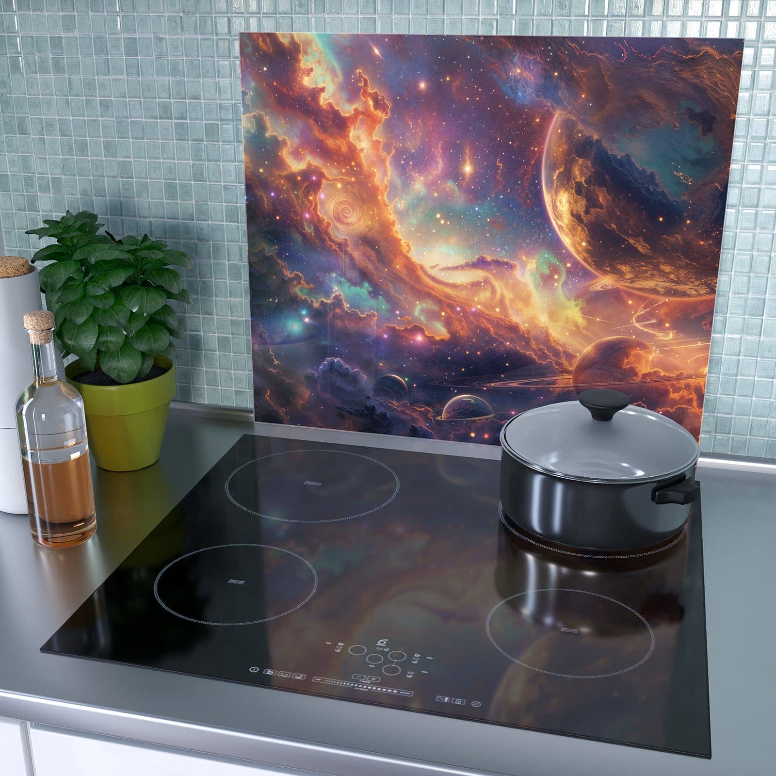 1-teilige Glasabdeckplatte für Ceranfeld mit Galaxie Fantasy-Motiv als Spritzschutz hinter dem Kochfeld