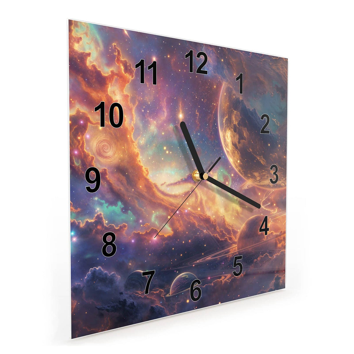 Quadratische Wanduhr aus Glas Ringplaneten in Gold schräg von der Seite, 4 mm starkes Glas
