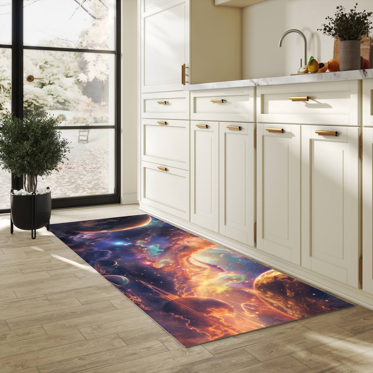 Zeitsparender Läufer Küche mit Motiv Galaxie Fantasy in heller Küche