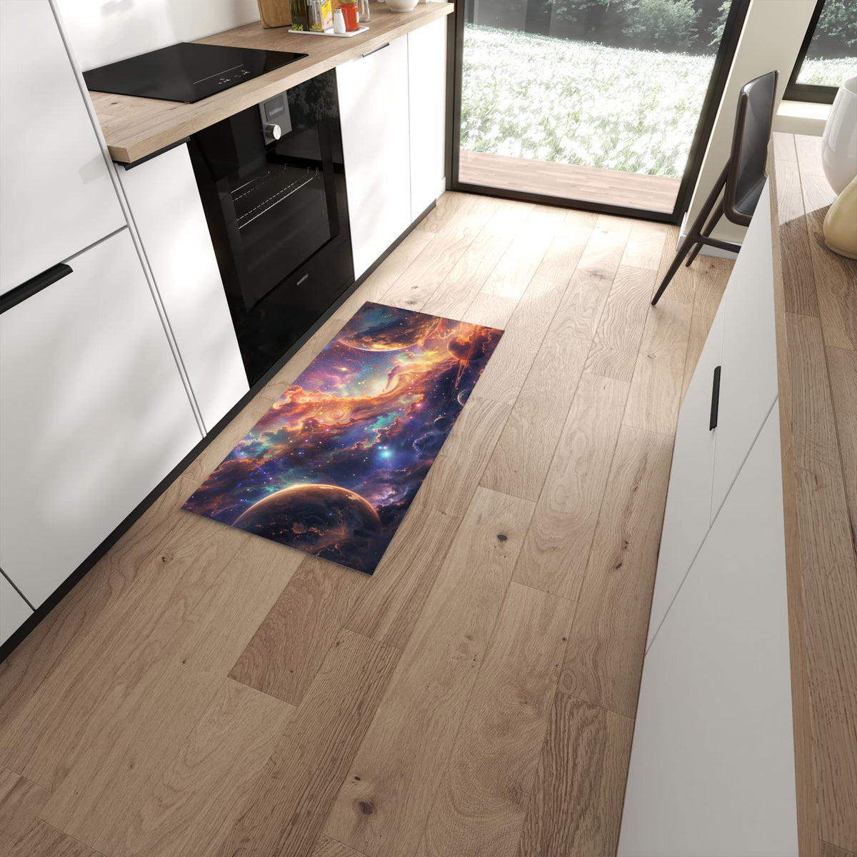 Waschbarer Küchenläufer mit Motiv Galaxie Fantasy in moderner Küche für sichere Aufbewahrung #grösse_60 x 120 cm