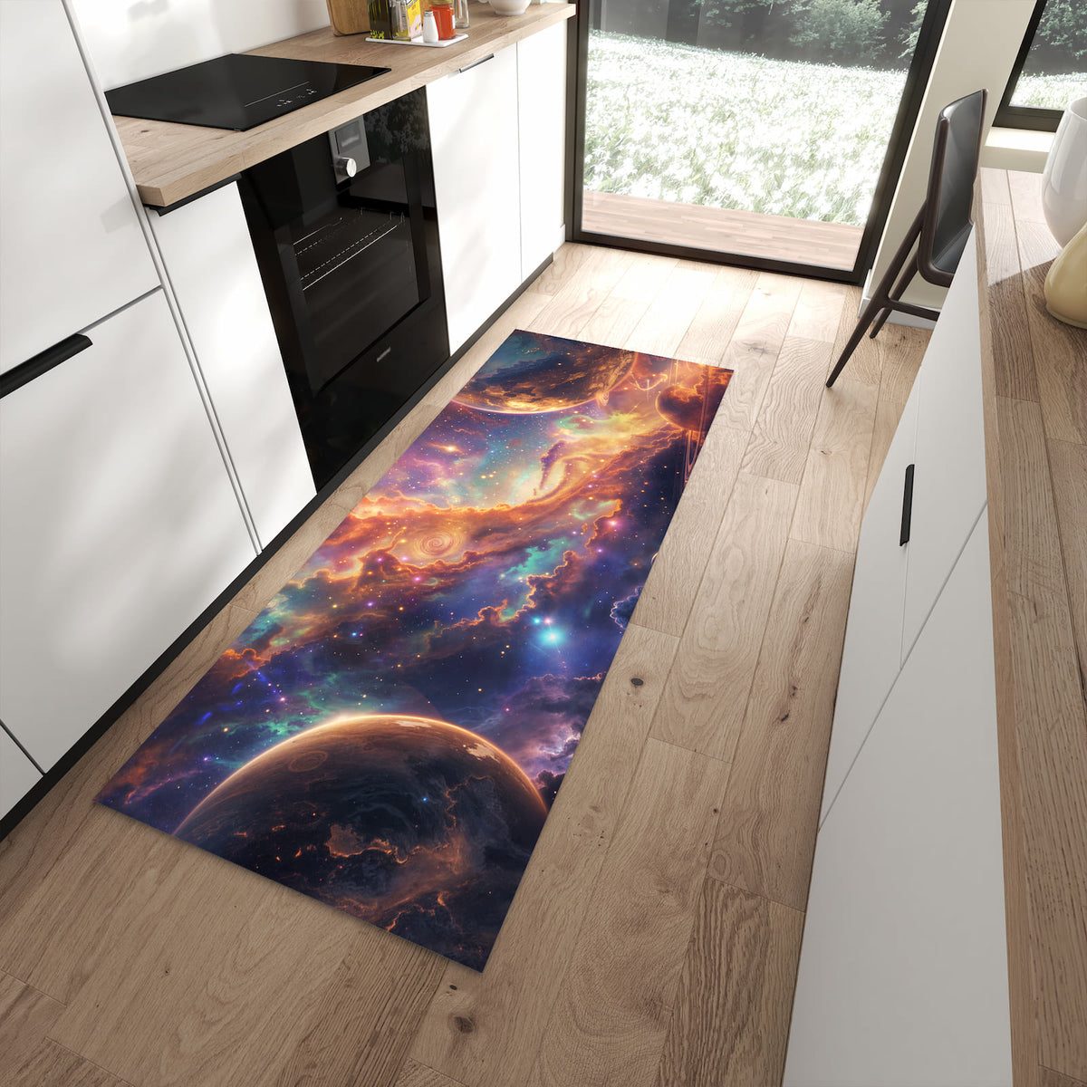 Fleckenresistenter waschbarer Teppich mit Motiv Galaxie Fantasy in moderner Küche