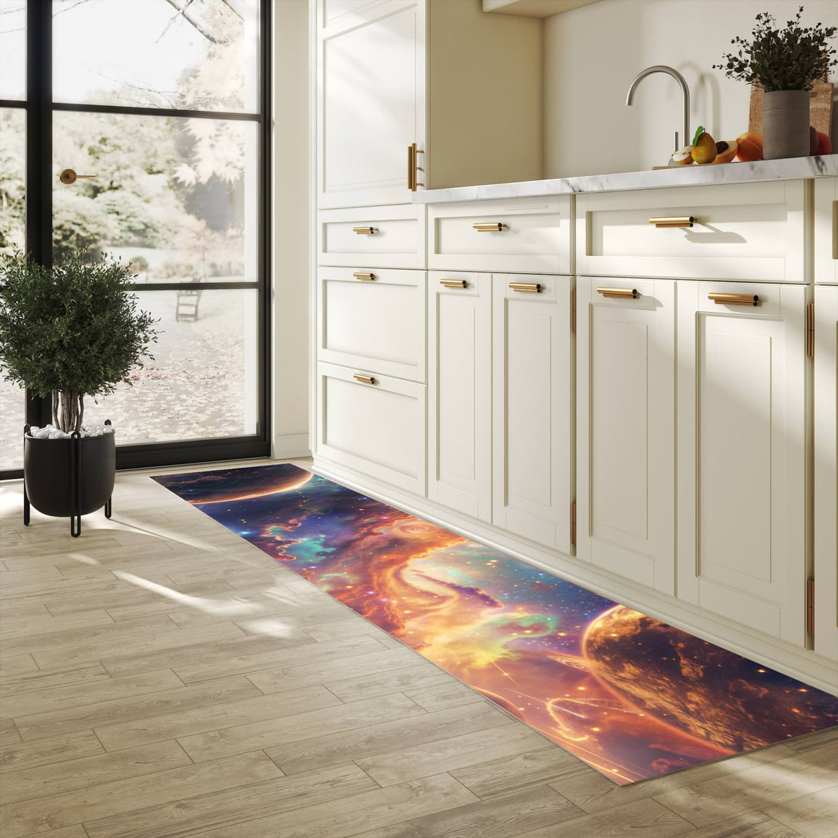 Feuchtigkeitsresistenter Teppich für Küche mit Motiv Galaxie Fantasy in heller Küche