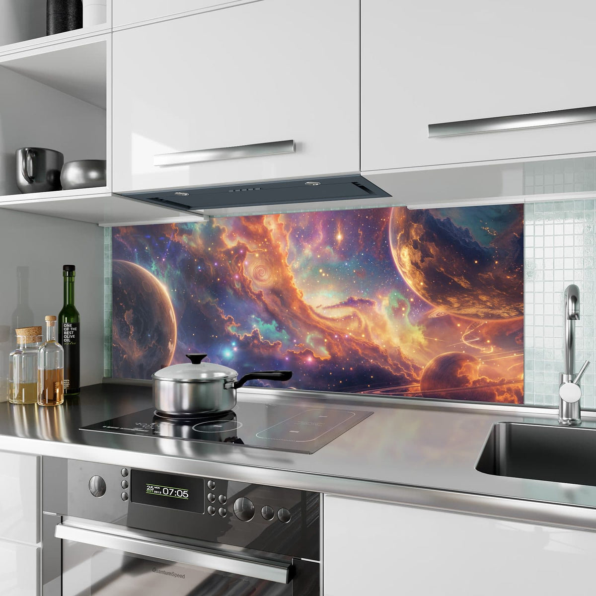 Küchenrückwand aus Glas Ringplaneten in Gold im Hochformat als Spritzschutz hinter dem Kochfeld, über dem Fliesenspiegel montiert