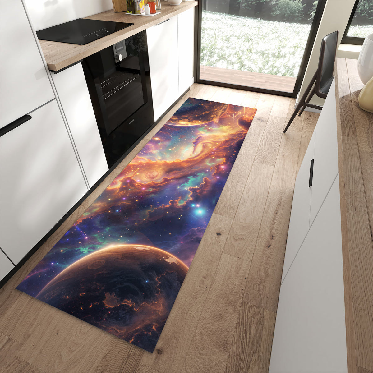 Schmutzabweisender Teppich für Esstisch mit Motiv Galaxie Fantasy in moderner Küche