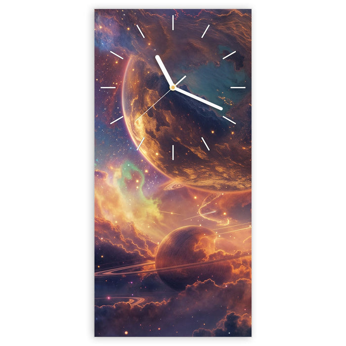 Wanduhr Galaxie Fantasy aus Glas – Hochformat 30 × 60 cm mit Ziffernblatt Linie