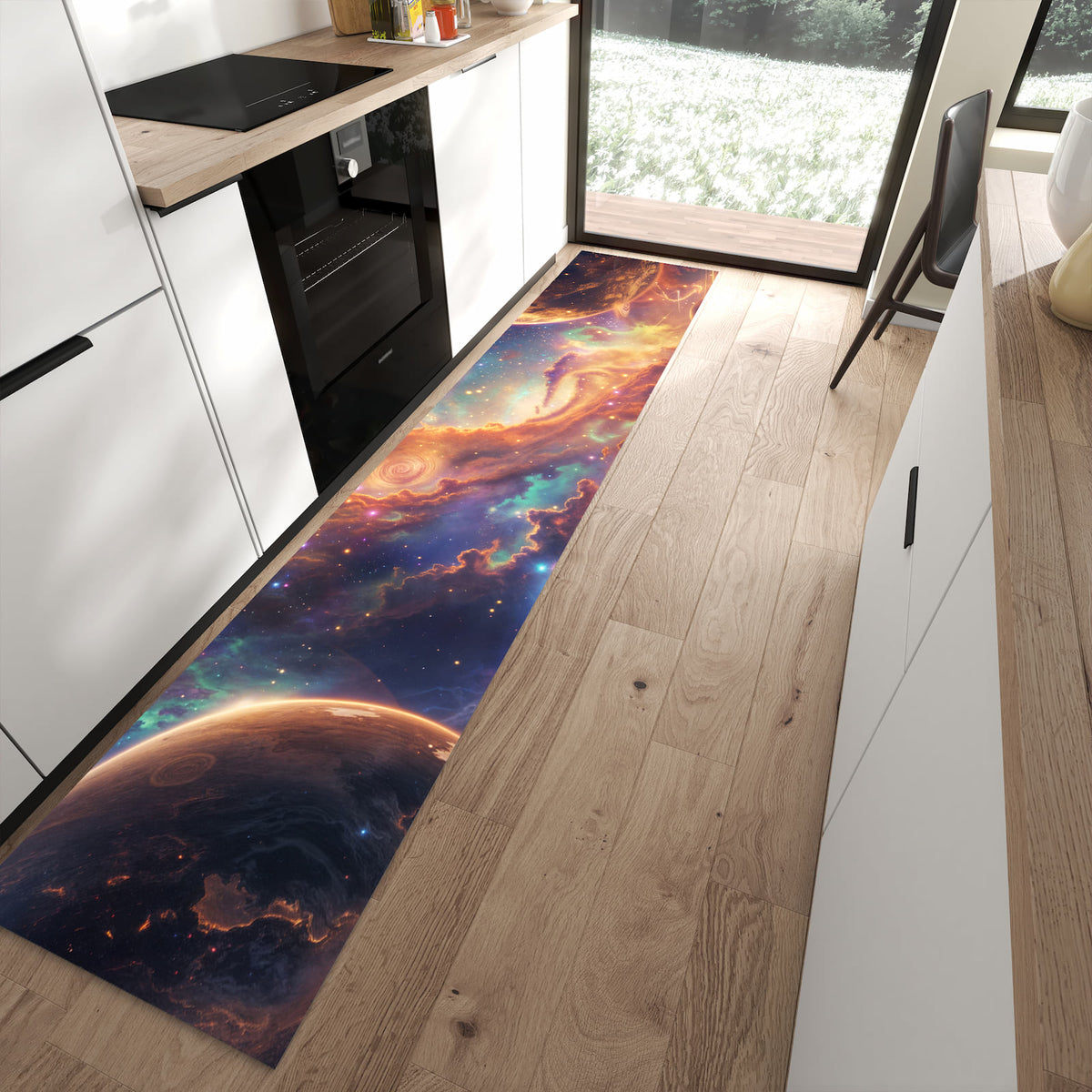 Rutschfester Küchenteppich mit Motiv Galaxie Fantasy für Trittkomfort in moderner Küche
