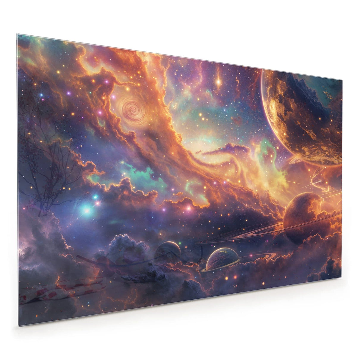 Küchenrückwand aus Glas im Hochformat: Bunte Weltraumszene in Gold und Türkis mit großem Planeten oben und Ringplaneten unten